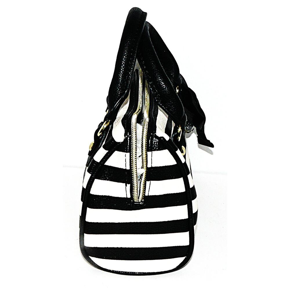 Betsey Johnson Black & White Striped Hand Shoulder Bag Bow Accent Gold Hardware - Picture 2 of 5